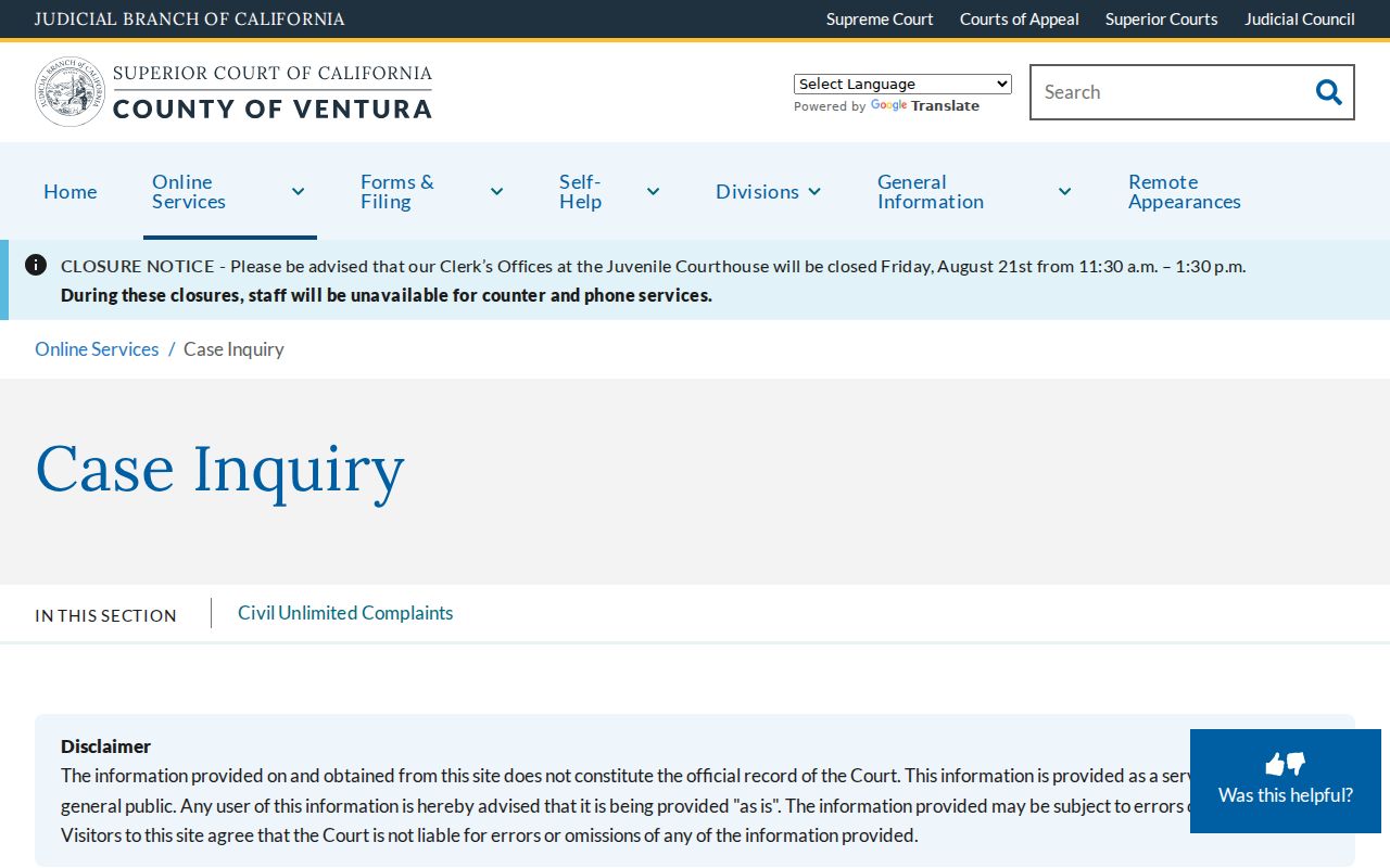 Ventura residents directory Superior Court case inquiry