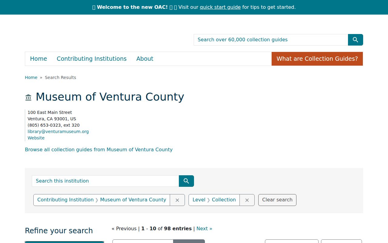 Ventura previous residents Museum archival finding aids