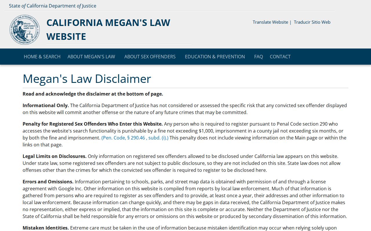 Ventura resident lookup California Megan's Law search disclaimer